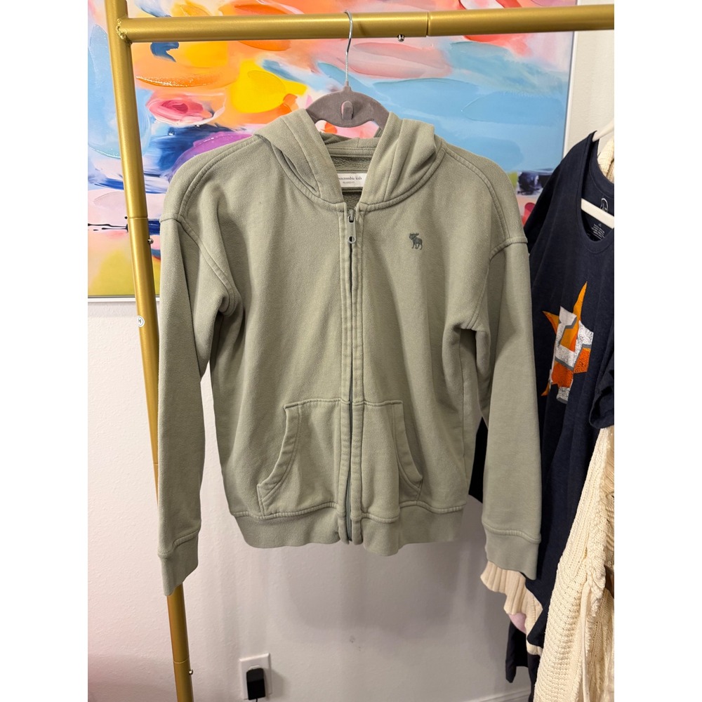Abercrombie Kids Relaxed Fit Zip Up Hoodie Sage Green Moose Logo Size 9/10